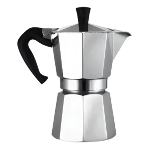 Cafetera italiana moka de aluminio pulido sobre fondo blanco minimalista