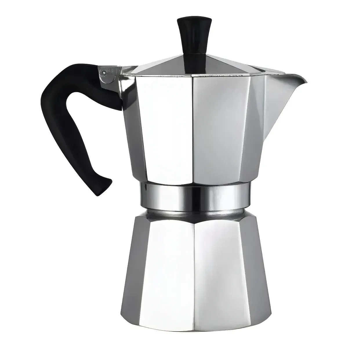 Cafetera italiana moka de aluminio pulido sobre fondo blanco minimalista