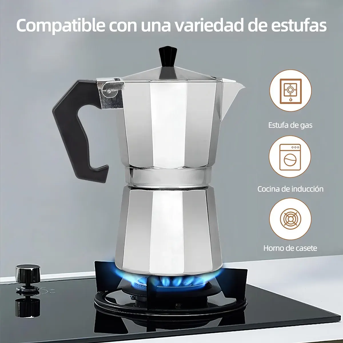 Cafetera italiana compatible con estufa de gas, inducción y horno doméstico