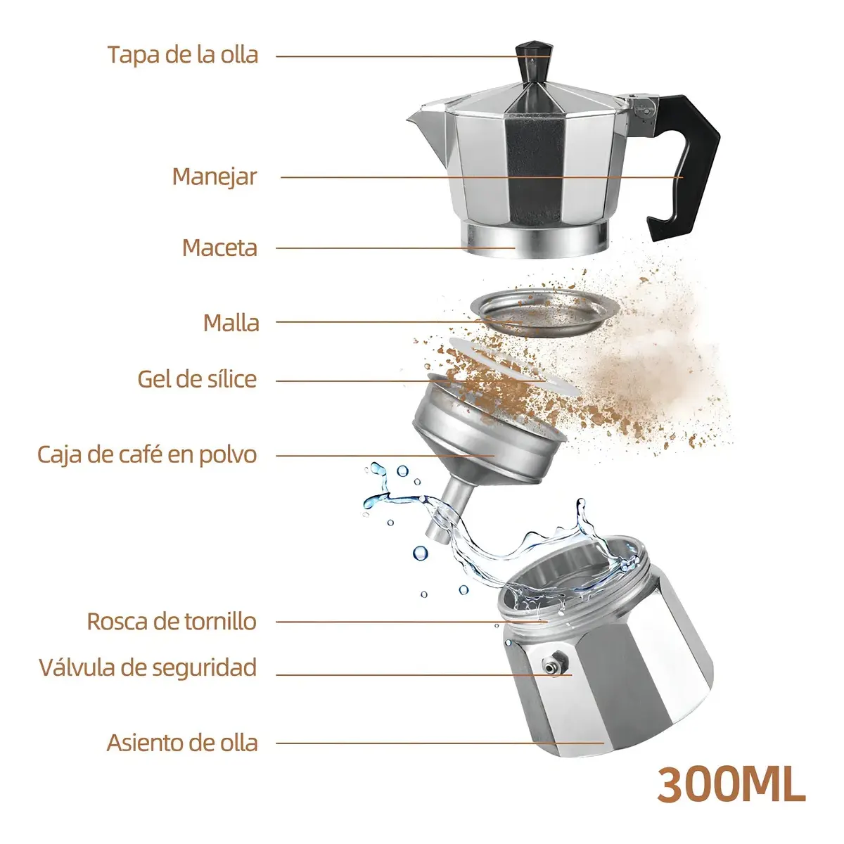 Cafetera italiana desarmada mostrando partes internas y sistema de preparación moka 300 ml