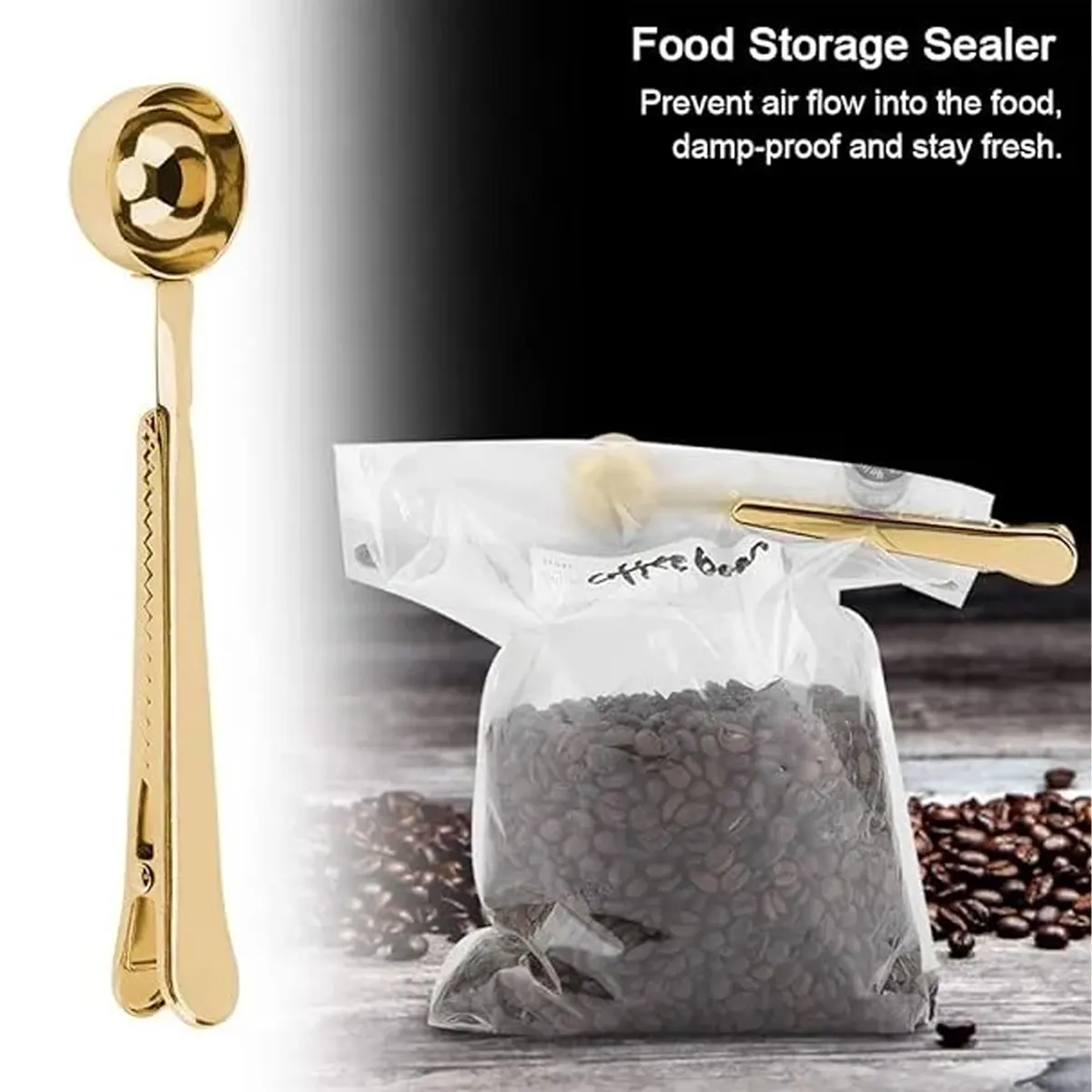 Cuchara medidora con pinza selladora para conservar café fresco por más tiempo